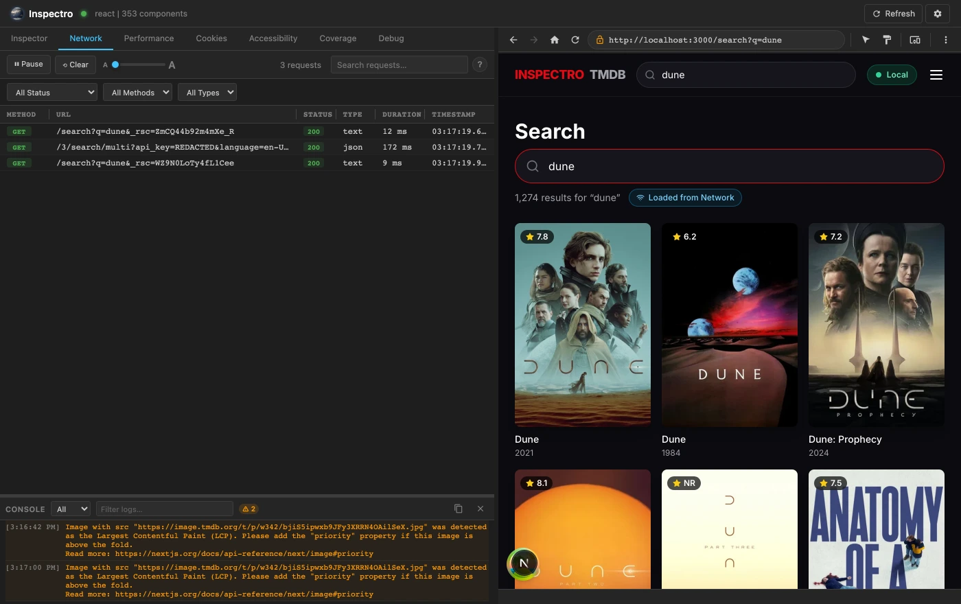 Inspectro Network panel